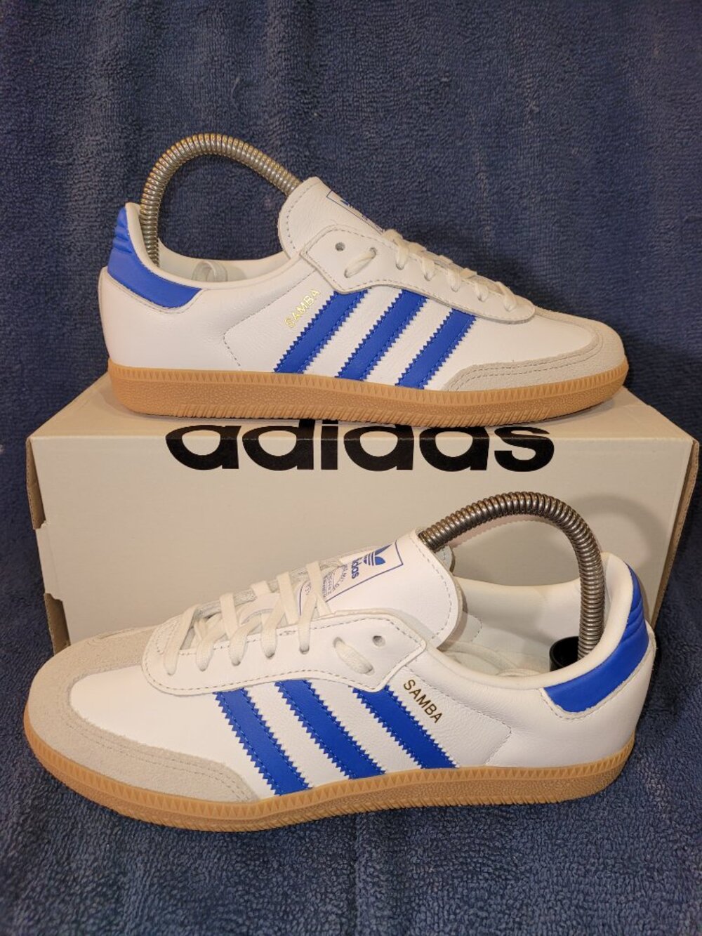 Adidas Samba Big Kids Size 5.5 OG White / Blue / Tan Gum Sneakers JP5482 (#2266)